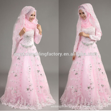 2015 nova chegada bordou appliqued no atacado rosa barato laço manga longa vestido de casamento muçulmano com hijab CCWFw02